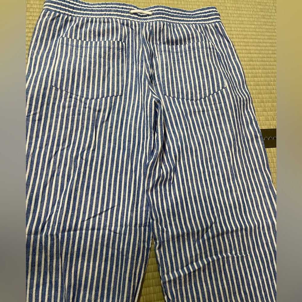 Jolt Womens Wide‎ Leg Cropped Pants Blue Stripe Drawstring Pockets Tassels Linen